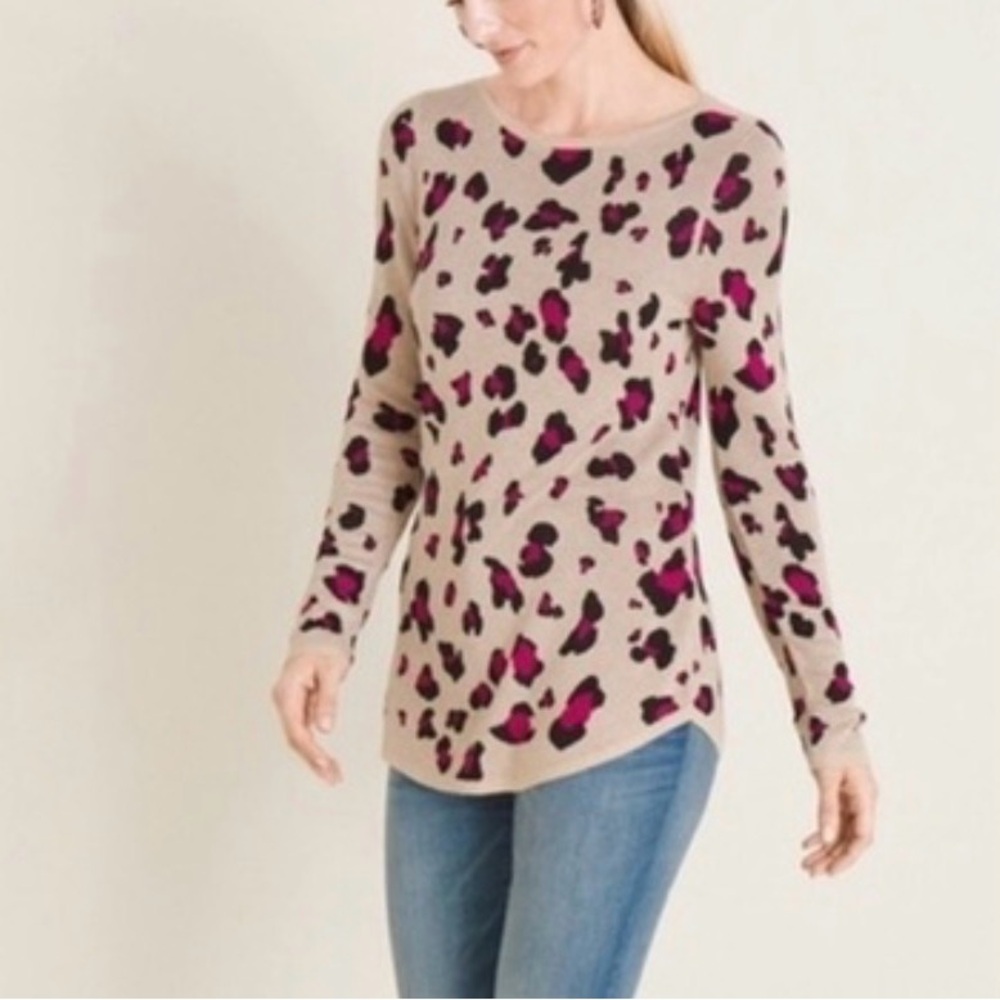 Chico's Pullover Sweater Animal Leopard Print Tan Pink Black Soft Rayon LP (2P)
